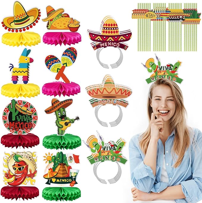 Photo 1 of ommtina 45 Pcs Cinco De Mayo Party Supplies Including 9 Sombrero Headband Hats 8 Mexican Honeycomb Table Centerpieces 28 Fiesta Paper Striped Straws Mexican Coco Theme for Carnival Festival