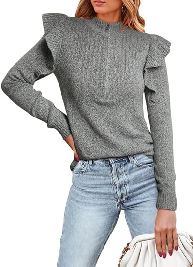 Photo 1 of Dokotoo Womens Sweaters 2023 Ruffled Shoulder Long Sleeve Half Zip Pullover Polo V Neck Jumper Knit Tops  SIZE S