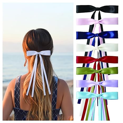 Photo 1 of QUBORT Hair Bows for Women, Silky Satin Hair Ribbon with Metal Clips, Cute Bow Hair Clips, Hair Ribbons for Women Silky Satin Hair Ribbon 