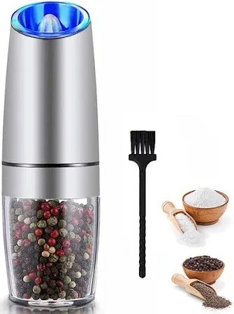 Photo 1 of Gravity Electric Salt and Pepper Grinder Set, Automatic Pepper and Salt Mill Grinder,Battery-Operated with Adjustable Coarseness, Premium Stainless Steel with LED Light, (Silver 1-PACK)