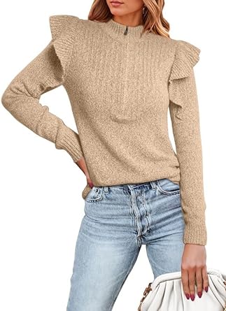 Photo 1 of Dokotoo Womens Sweaters 2023 Ruffled Shoulder Long Sleeve Half Zip Pullover Polo V Neck Jumper Knit Tops SIZE XL 