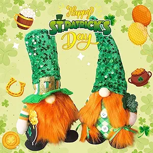 Photo 1 of St Patricks Day Gnomes Gifts, 2 Pcs Handmade Plush Tomte Swedish Scandinavian Gnome with Lucky Shamrock Pot of Gold Coins Farmhouse St Patricks Day Decorations for The Home Table Décor 