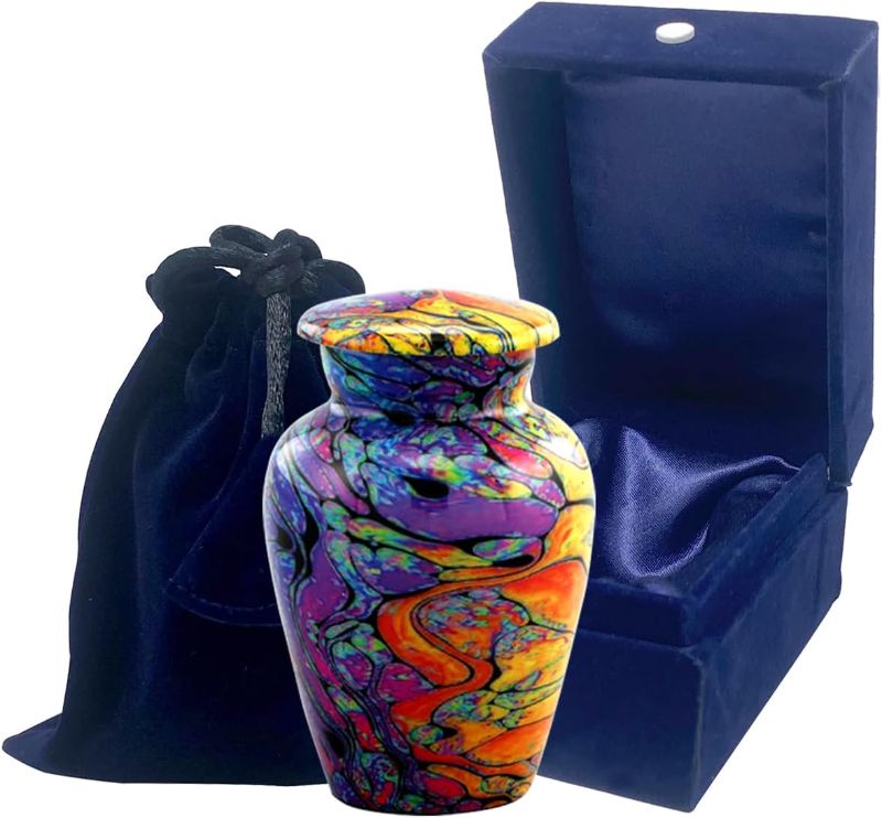 Photo 2 of Modern Print Keepsake Urn - Colorful Mini Cremation Urn for Ashes - Handcrafted Tie Dye Keepsake Urn - Funeral and Memorial Sharing Urn for Ashes with Velvet Box & Bag (Keepsake)