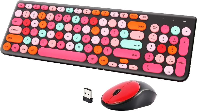 Photo 1 of Wireless Keyboard and Mouse Combo, Retro Typewriter Wireless Keyboard with Round Keycaps, 2.4GHz Full-Size USB Cute Mouse for Desktop, Laptop and Computer (Black-Colorful) 