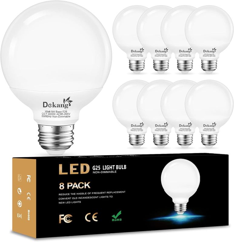 Photo 2 of Dekang 8-Pack LED Vanity Light Bulbs for Bathroom 4000K Natural Daylight, E26 Base Globe 60W Incandescent Equivalent, 5W Round Light Bulbs for Vanity Mirror, 500LM, Non-dimmable
