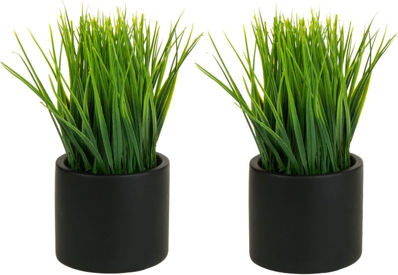 Photo 1 of MyGift Tabletop Artificial Grass Plants Decorative Faux Greenery Plant Potted in Modern Cylindrical Black Cement Pots, Set of 2 