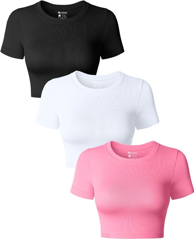 Photo 1 of Limited-time deal: OQQ Women's 3 Piece Crop Tops Crew Neck Shorts Sleeve Stretch Fitted Shirts Crop Tops 