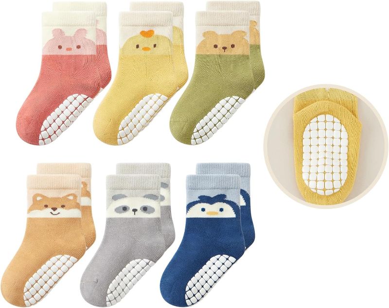 Photo 1 of Bearbay 6 Pairs Toddlers Non Slip Socks with Grippers Baby Girls Boys Anti Skid Crew Cotton Socks for Infants Kids Gifts Baby 