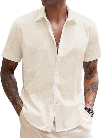Photo 1 of COOFANDY Mens Casual Linen Shirt Short Sleeve Button Down Shirt Summer Beach ShirtJ