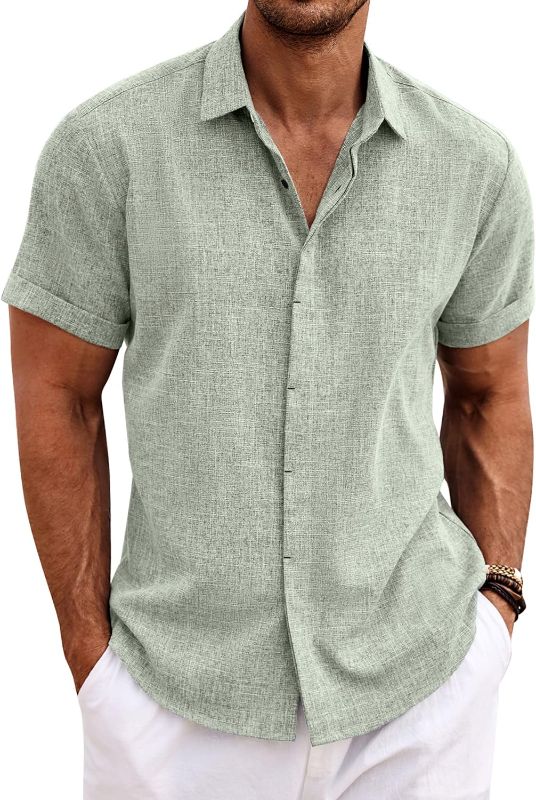 Photo 1 of COOFANDY Mens Casual Linen Shirt Short Sleeve Button Down Shirt Summer Beach ShirtJ