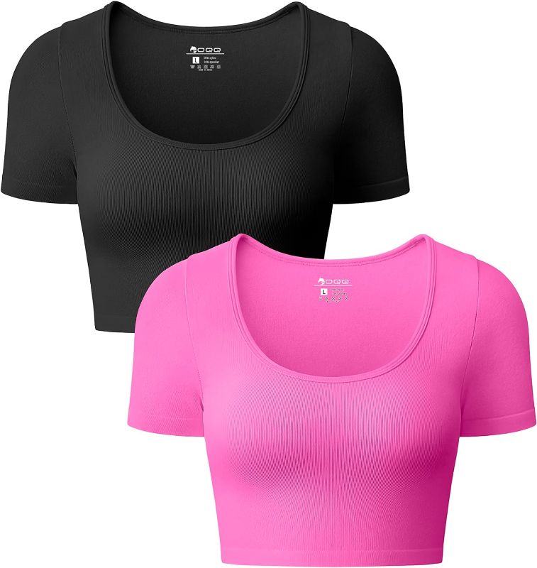 Photo 1 of OQQ Women's 2 Piece Crop Tops Sexy Ribbed Seamless Short Sleeve Shirts Scoop Neck Top
