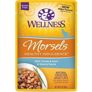 Photo 1 of Wellness Healthy Indulgence Natural Grain Free Morsels with Turkey & Duck in Savory Sauce Cat Food Pouch - 3 Oz, Case of 24
