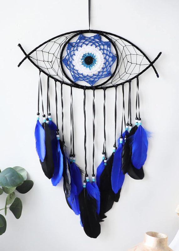 Photo 1 of Nice Dream Evil Eye Dream Catchers, Evil Eye Wall Hanging with Feather,Handmade Large Dream Catcher Wall Decor for Girls Boys, Home Ornaments Craft Gift for Bedroom (Black,Blue) 2 pack
