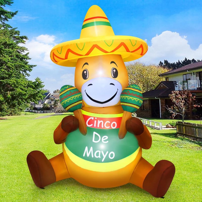 Photo 1 of 6 FT Cinco de Mayo Inflatable Outdoor Decorations - Blow Up Donkey with Taco Sombrero and Maraca, Light Up Your Yard with Holiday Mexican Fiesta Party Decor for Home and Garden Lawn
