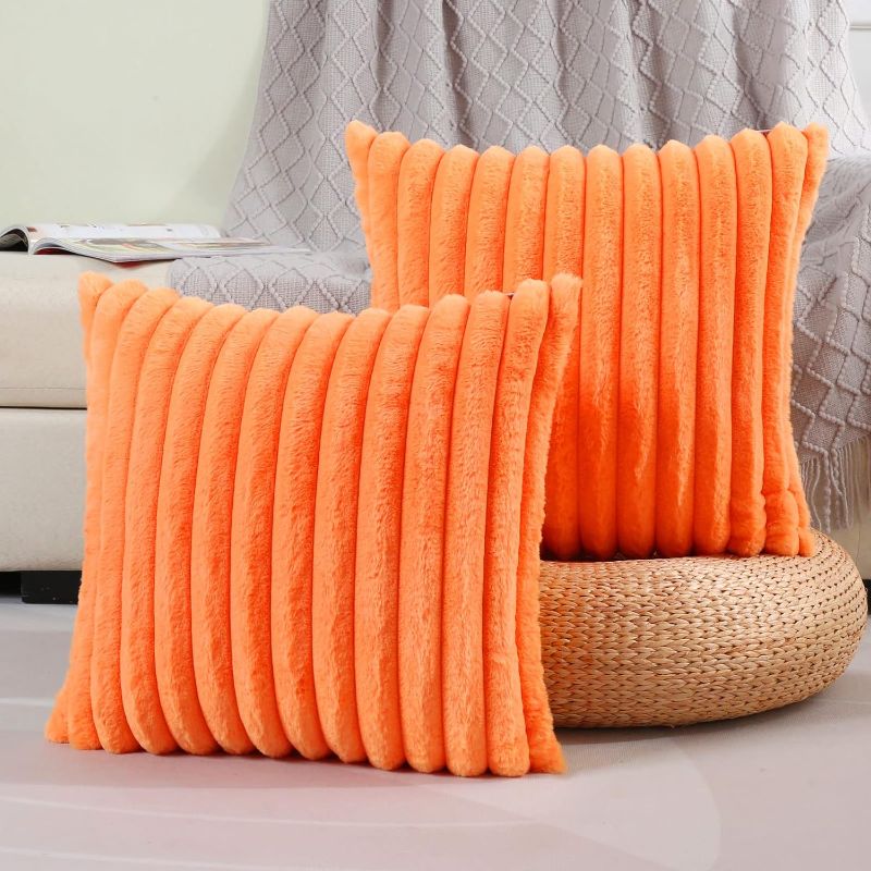 Photo 1 of Orange Striped Decorative Throw Pillow Covers 20x20 Inch Set of 2,Square Spring Decorations Couch Pillow Case,Soft Cozy Faux Rabbit Fur & Velvet Back,Modern Home Decor for Bed
