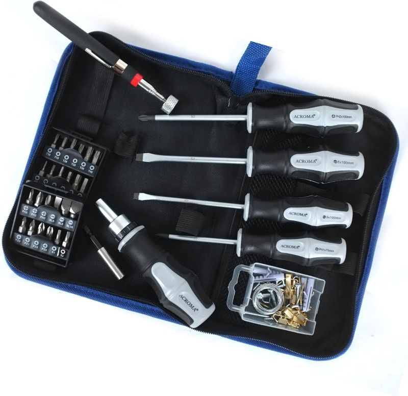 Photo 1 of Acroma Bold 32-Pc All-in-One Screwdriver Set: 4 Essential S2 Blade Screwdrivers (SL5, SL6, PH1, PH2), Ratcheting Handle, 24 Precision S2 Bits, and Extension Rod. Elevate Your Tasks with Premium Tools.
