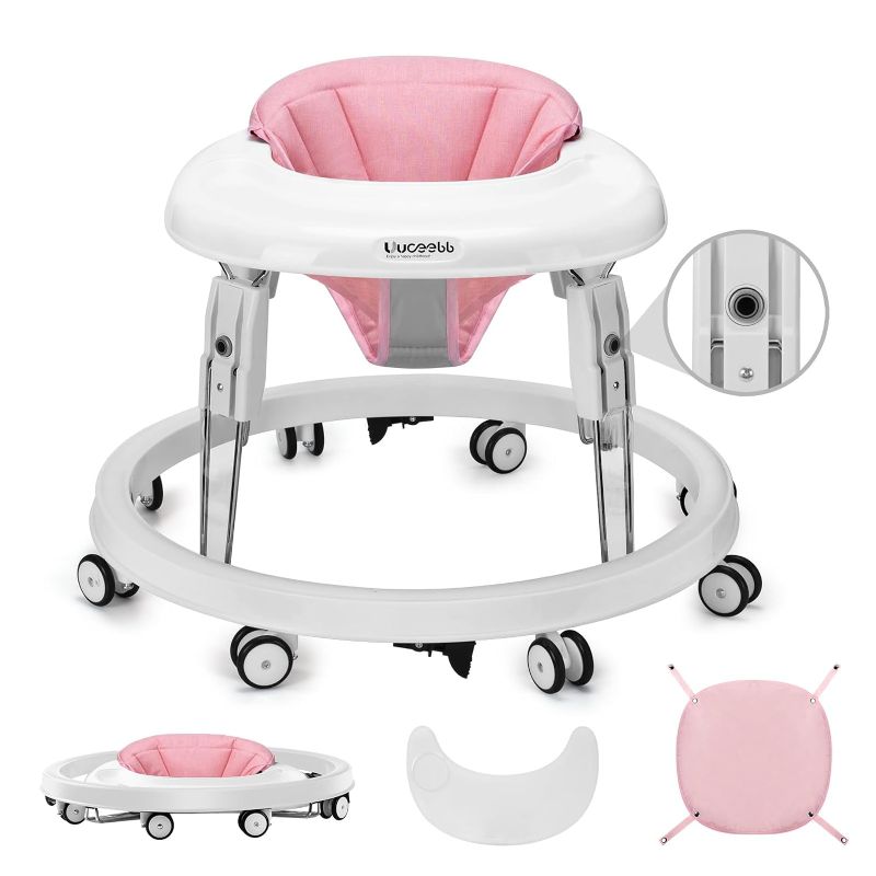 Photo 1 of One-Touch Folding Baby Walker, Anti-Roll 8-Wheel Round Chassis, 5-Speed Height Adjustment, with Large Dinner Plate and Brake, 6-18 Months Baby Walker, Pink
