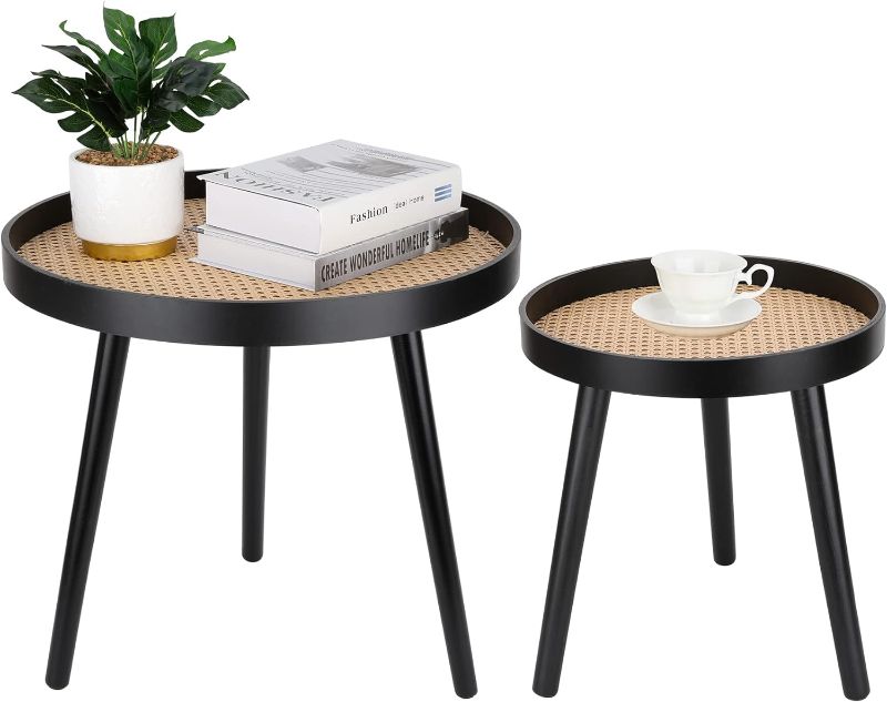 Photo 2 of Rattan Round Side Table, Black Small End Table, Accent Table, Modern Boho Bedside Table, Mid-Century Patio Side Table, End Tables for Living Room Bedroom Office Balcony 