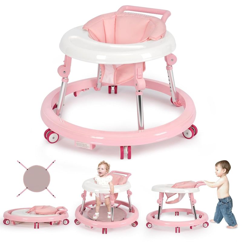 Photo 1 of Baby Walker Foldable with 9 Adjustable Heights, Baby Walkers and Activity Center for Girls Boys Babies 7-18 Months, Baby Walker with Wheels Portable Anti-Rollover (Pink)
