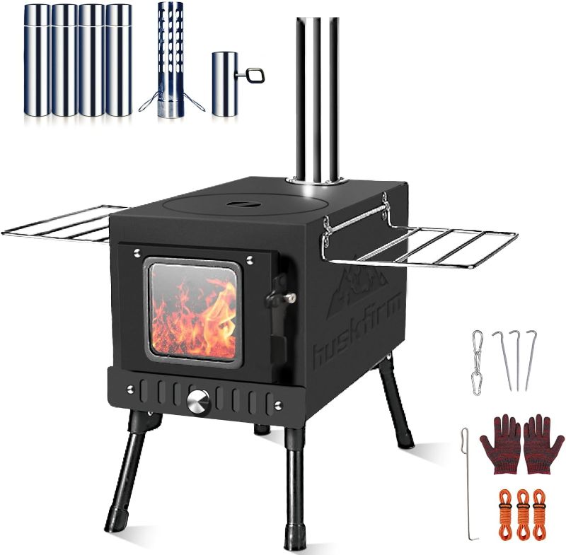 Photo 1 of Portable Folding Wood Burning Camping Stove - Includes Chimney Pipes and Spark Arrestor for Tent Heating and Cooking
