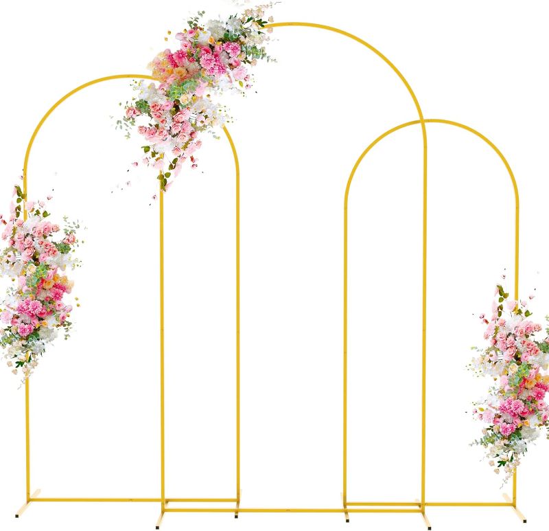Photo 1 of Wokceer Wedding Arch Backdrop Stand 7.2FT, 6.6FT, 6FT Set of 3 Gold Metal Arch Backdrop Stand for Wedding Ceremony Baby Shower Birthday Party Garden Floral Balloon Arch Decoration
