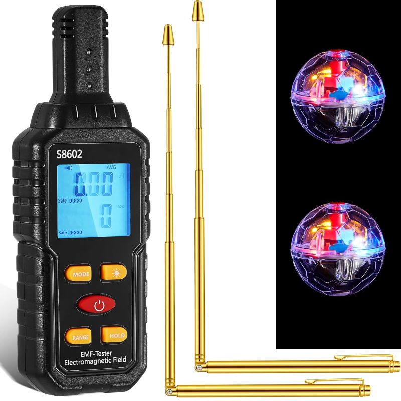 Photo 1 of Dunzy 5 Pcs Ghost Hunting Equipment Kit Includes 1 EMF Electromagnetic Field Radiation Detector 2 LED Cat Ball 2 Copper Dowsing Rod (Classic Style)
