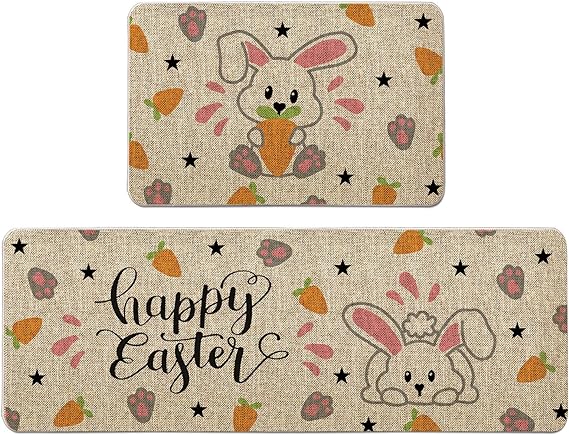 Photo 1 of GAGEC Easter Kitchen Rug Happy Easter Bunny Kitchen Mat Set of 2 Farmhouse Party Floor Mat for Home Kitchen Bathroom Decorations - 17x27 and 17x47 Inch