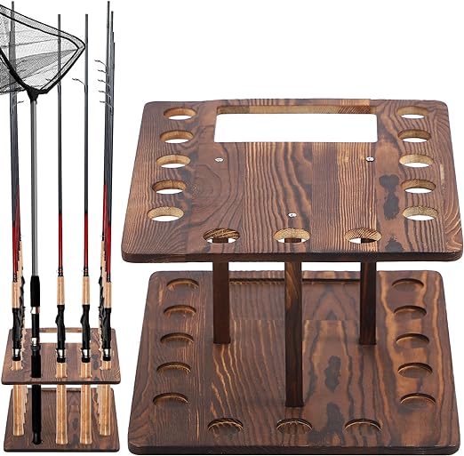Photo 1 of RoundFunny Fly Fishing Rod Holders for Garage Wooden Fishing Rod Organizer Fishing Rod Storage Rack Vertical Fishing Pole Rack Wood Fishing Pole Stand Holds up to 13 Rods for Floor Stand Men Gifts