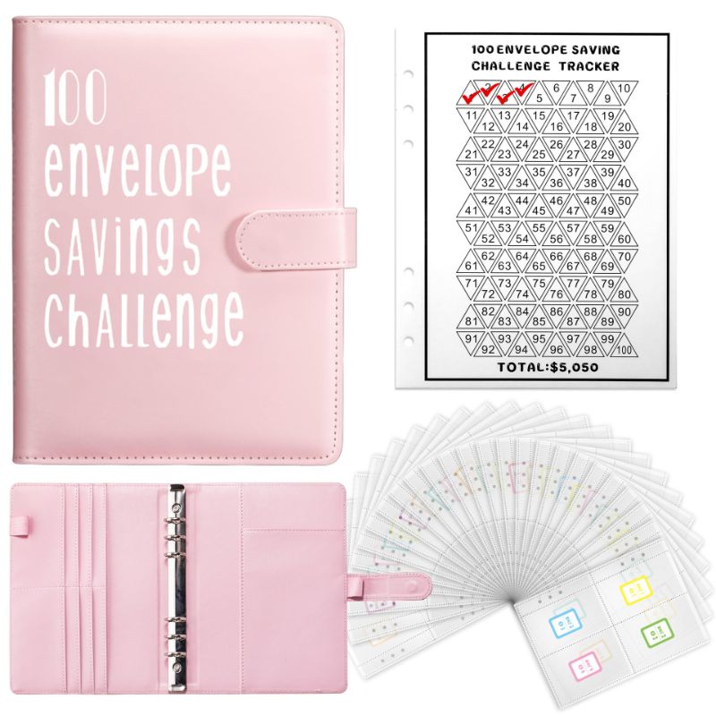 Photo 1 of 100 Envelopes Money Saving Challenge Binder, A5 Money Saving Challenge Budget Book With Cash Envelopes To Save $5,050 Pink
