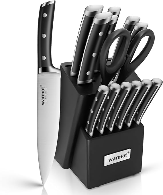 Photo 1 of Warmot® Kitchen Knife Set, 15 Pieces Knife Set Chef with Knife Sharpener Block, Ultra Sharp German Stainless Steel Knife Set Ergonomic Handle, Silver 