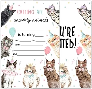 Photo 1 of WUINCK Cats Birthday Party Invitation Cards, Pet Cat Kitten Kitty Theme Party Invitations for Kids, Boys and Girls, Party Celebration Supplies, 20 Invitation with Envelopes - 0029