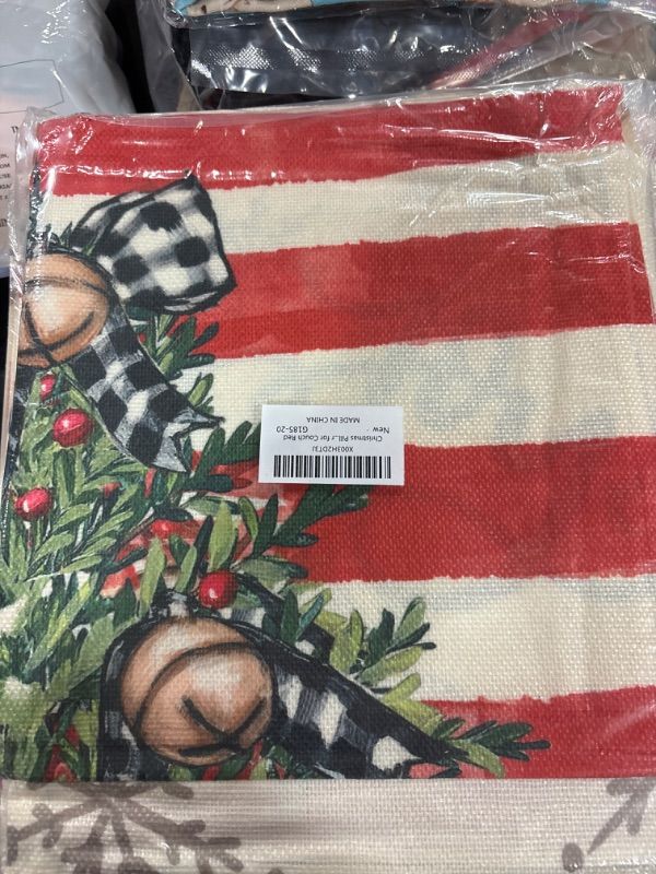 Photo 2 of Christmas Pillow Covers 20x20 Set of 4 for Christmas Decorations Santa Claus Snowman Christmas Tree Joy Grey Striped Christmas Pillows Throw Pillow Covers Christmas Farmhouse Decor for Couch Red