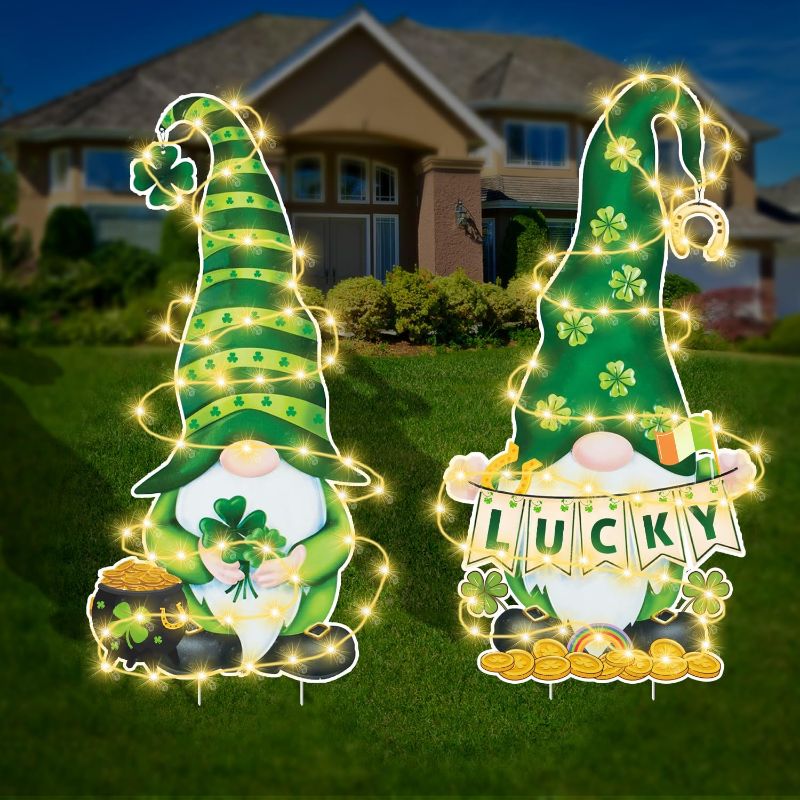 Photo 1 of St Patricks Day Yard Decorations, 2 Pcs St Patricks Day Outdoor Decorations Yard Stake Green Gnome Garden Stakes St Patrick's Day Waterproof Yard Decor Welcome Signs Decoration for Home Outside Lawn 