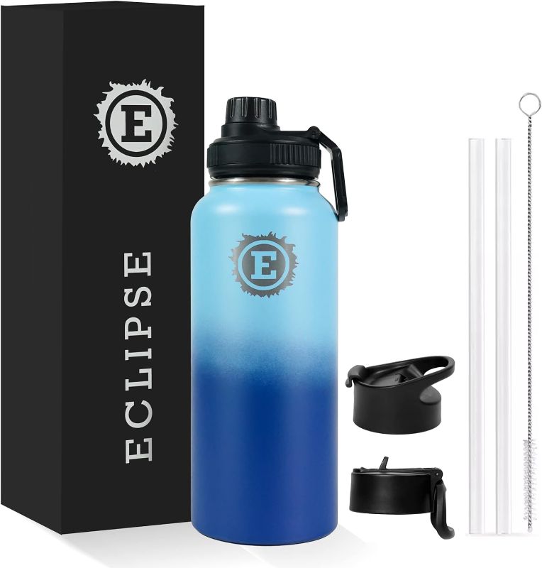 Photo 1 of Eclipse Sports Water Bottle - 3 Lids - Straw, Flip top & Chug Lid with handle - Leak Proof Stainless Steel Insulated Great for Gym, Hiking & Travel ( 32 oz , Deep Blue ) 