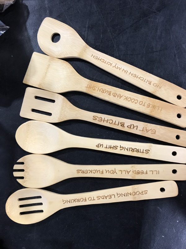 Photo 1 of Funny Wooden Spoon Set, 6Pcs Wooden Multi Purpose Spoon, Engraved Wooden Coffee Spoon with Funny Sayings, Teaspoon Seasoning Coffee Tea Sugar Jam Spoons, Wooden Spoons Kitchen Utensils (One Size)