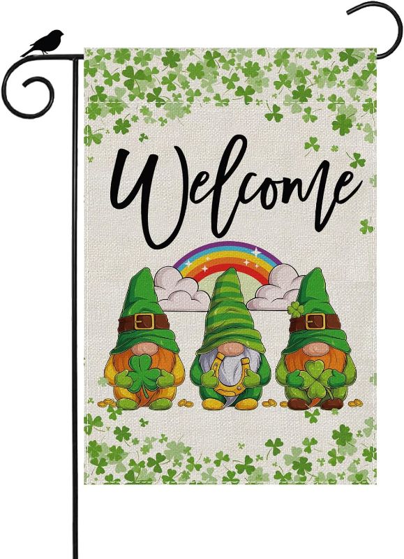 Photo 1 of BOTB LIHM St. Patrick's Day Garden Flag Welcome Gnome Shamrock Small Burlap 12x18 Inch Vertical Double Sided Outside Yard Holiday Outdoor Farmhouse Decoration 