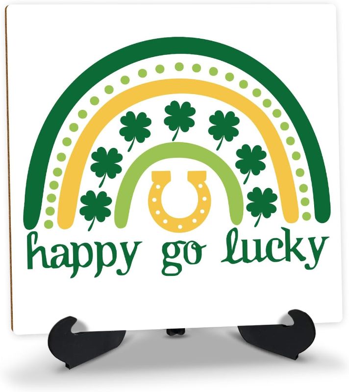 Photo 1 of Limited-time deal: Wooden St. Patrick's Day Gift Table Sign with Stand Decoration, Happy Go Luck Rainbow Tiered Tray Decor Shamrock Desk Wood Plaque, Home Irish Spring Party Table Centerpiece Ornaments -MP6 