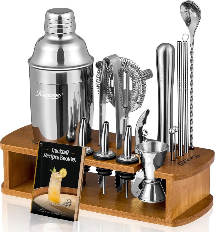 Photo 1 of KITESSENSU Cocktail Shaker Set Bartender Kit with Stand | Bar Set Drink Mixer Set with All Essential Accessory Tools: Martini Shaker, Jigger, Strainer, Mixer Spoon, Muddler, Liquor Pourers |Silver
