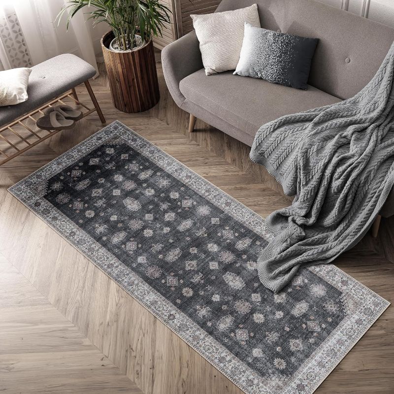 Photo 1 of Adiva Rugs Machine Washable 2'6x10 Area Rug with Non Slip Backing for Living Room, Bedroom, Bathroom, Kitchen, Printed Vintage Home Decor, Floor Decoration Carpet Mat (Black, 2'6" x 10')
