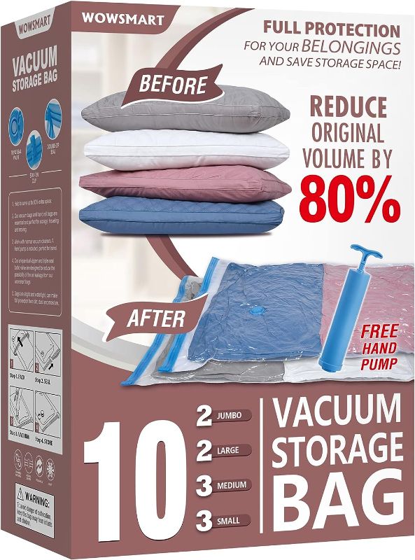 Photo 1 of 10 Space Saver Vacuum Sealed Storage Bags (2 Jumbo/2 Large/3 Medium/3 Small) with Hand Pump, Seal Bags for Clothing, Comforters, Pillows, Towel, Blanket Storage, Bedding