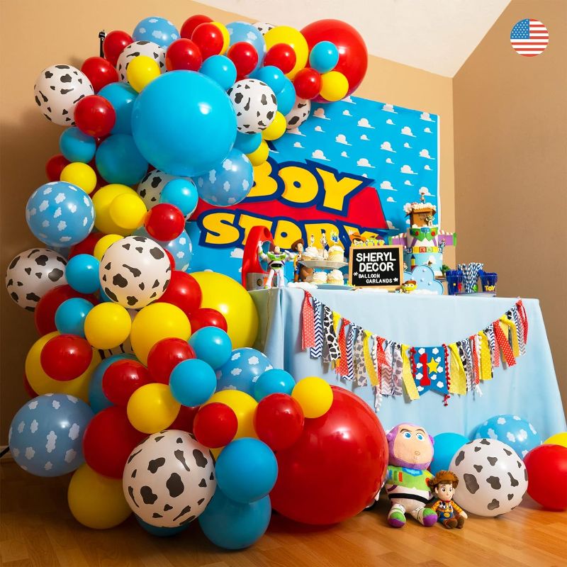 Photo 1 of 100pc, 4 Sizes – Toy Story Balloons Arch Kit for Boy Story Baby Shower Decorations Theme – Toy Story Balloon Garland Kit with Cloud & Cow Toy Story Balloons for First Toy Story Birthday Party Supplies
