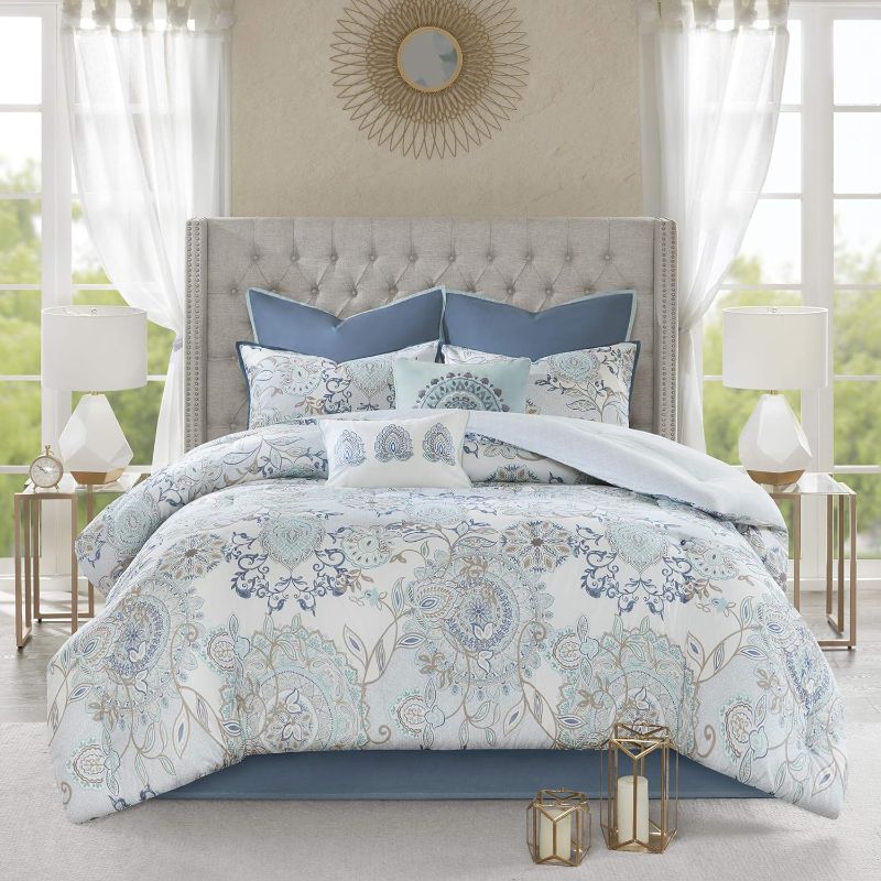 Photo 1 of Madison Park Reversible Cotton Comforter Season Set, Matching Bed Skirt, Decorative Pillows, King(104"x92"), Isla, Floral Medallion Blue 8 Piece Isla Floral Medallion Blue King(104"x92")
