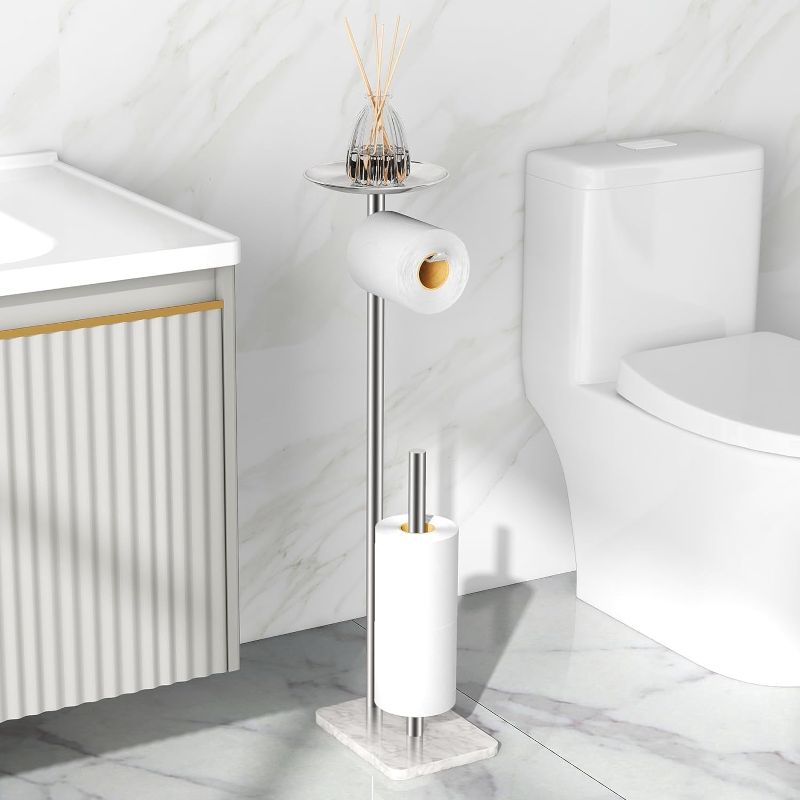 Photo 1 of Toilet Paper Holder Free Standing with Marble Base: Stainless Steel Toilet Paper Holder Stand with Top Tray for Candles, Cell Phone and Wet Wipes, Storage 4 Mega Roll Papers (White)
