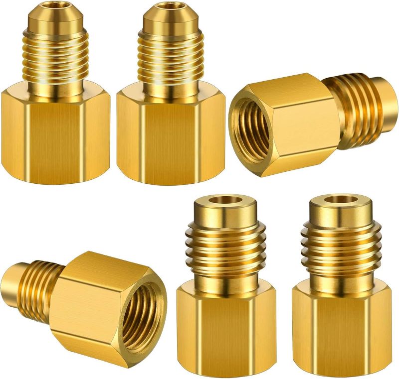 Photo 1 of 6 Pieces 6015 R134A Brass Refrigerant Tank Adapter to R12 Fitting Adapter 1/2 Female to 1/4 Male Flare Adaptor Valve Core and 6014 Vacuum Pump Adapter 1/4 Inch Flare Female to 1/2 Inch Male
