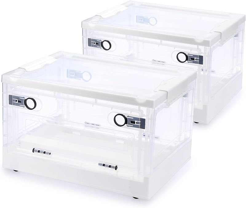 Photo 1 of BTSKY 2 Pack Collapsible Storage Bins with Double Side Doors , 20 L Clear Plastic Folding Storage Boxes with Lid , Stackable Plastic Organization Cube Box with Wheels for Home & Office Organization,
