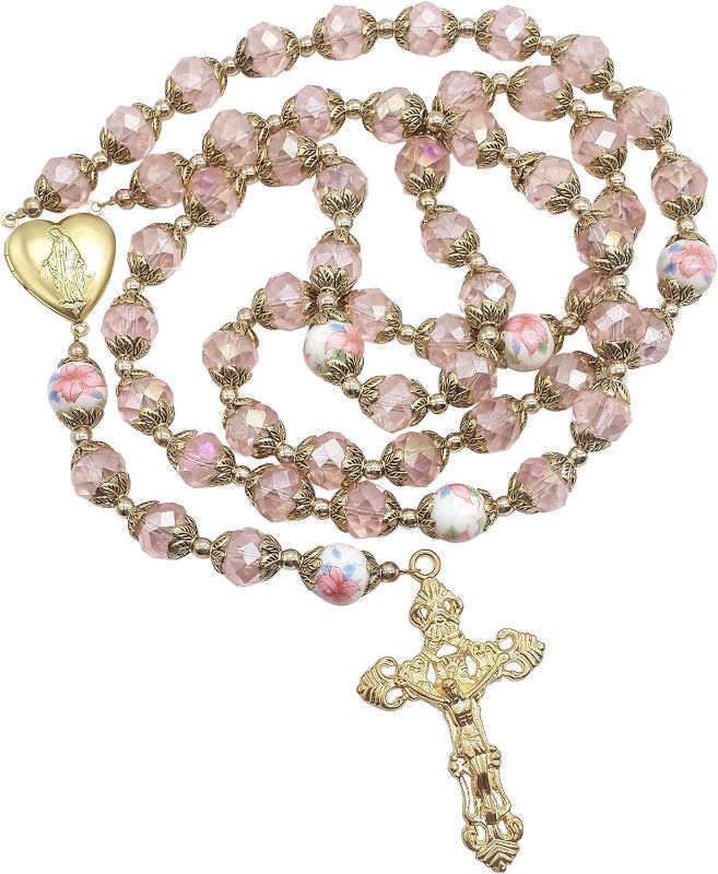 Photo 1 of Nazareth Store Catholic Pink Crystal Beads Gold Rosary Flowers Beaded Necklace Holy Mary Heart Locket Medal & Cross Religious Amulet for Women
