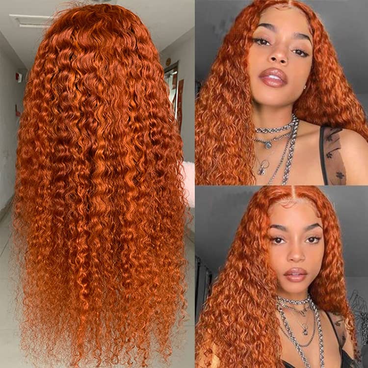 Photo 1 of Water Wave Ginger Human Hair Wigs Orange Color Middle Part 100% Remy Brazilian Virgin Hair Curly 20Inch 13x1x4 T Part Lace Pre Plucked Natrual Hairline with Baby Hair Wig for Women 150% Density