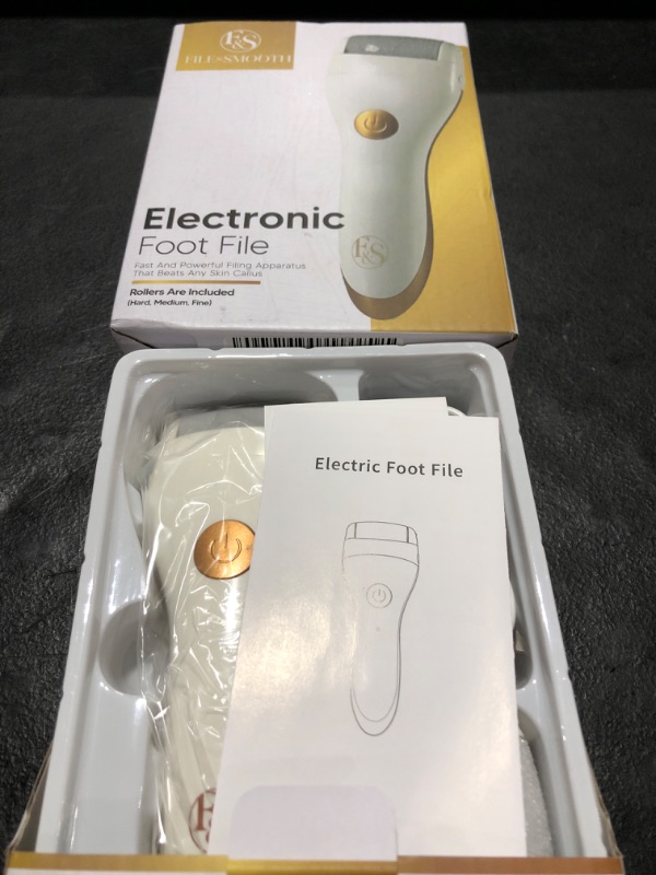 Photo 2 of File & Smooth Electronic Foot File: Rechargable, Portable Professional Pedicure Tool - Callus Remover, for Cracked Dry Skin and Feet Care (Gold-White)