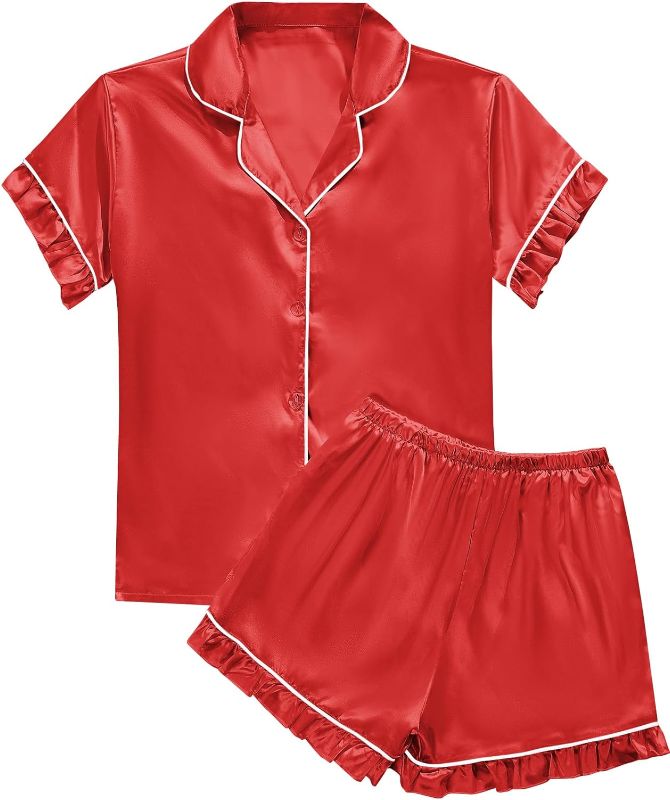 Photo 1 of  Size M Women's Satin Silky Ruffle Short Sleeve Top with Shorts Sleepwear Pajamas PJ Set