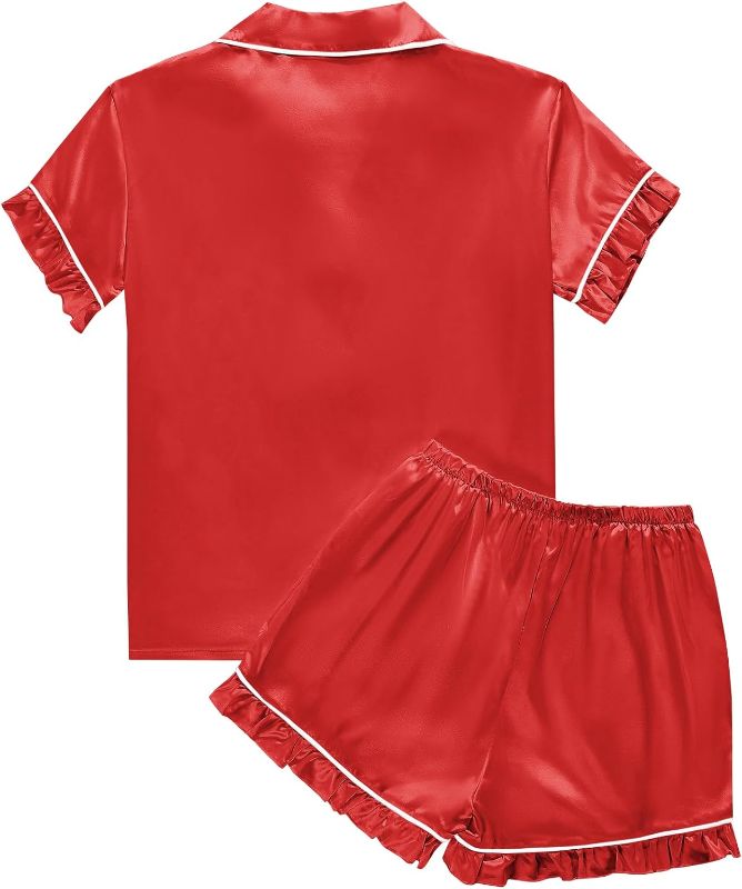 Photo 2 of  Size M Women's Satin Silky Ruffle Short Sleeve Top with Shorts Sleepwear Pajamas PJ Set